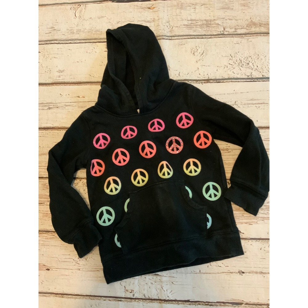 Circo Girls‎ XS 4-5 Black Rainbow Peace Sign Glitter Pullover Hoodie Sweatshirt